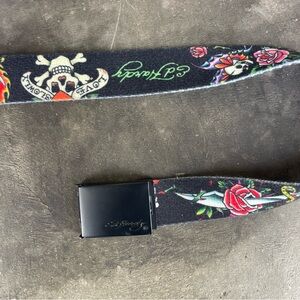 Ed Hardy Adjustable Belt Set of 2 Reversible Webbings & 1 Buckle Skull and Roses